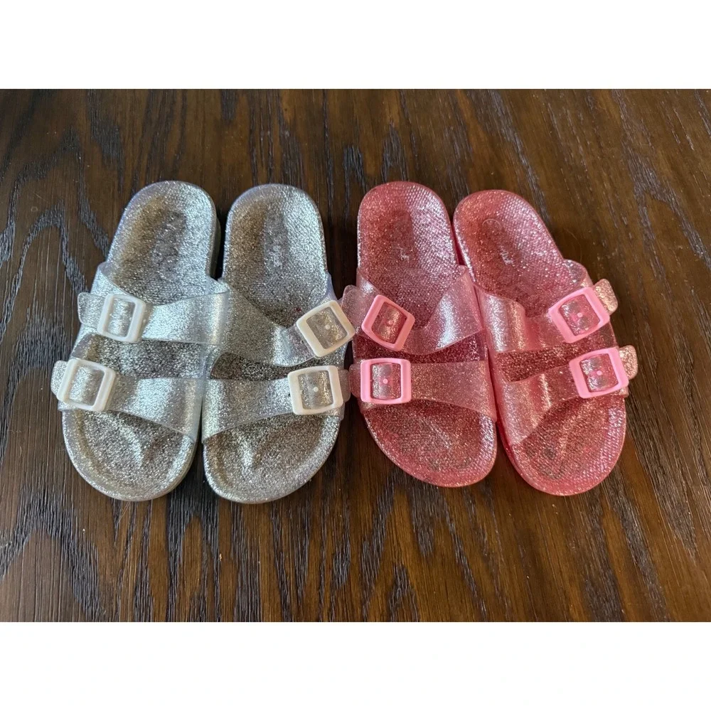 Cat & Jack Jelly Slide Sandals Girls Size 3 Pink Silver Excellent Glitter 2pk